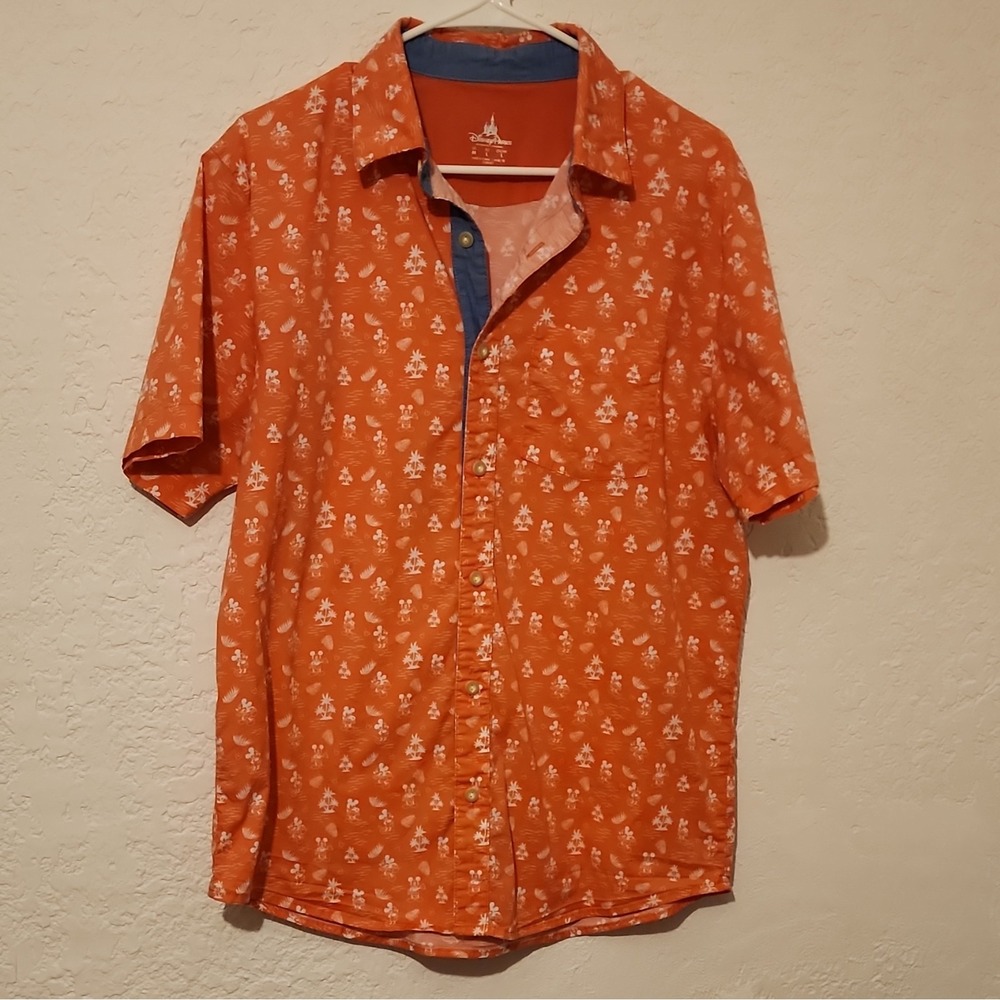 Disney Parks Men's M Orange Mickey Mouse Tropical Button-Up Short Sleeve Shirt